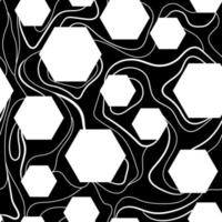 hexágonos blancos sobre un fondo negro ilustración vectorial de patrones sin fisuras. hexágonos de panal con líneas onduladas de fideos textura geométrica abstracta. fondo de moda para tela impresa, papel tapiz, papel vector