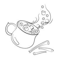 Cocoa drink with marshmallows and cinnamon sticks Line art drawing vector illustration.Hot chocolate or cocoa with flying marshmallows in a cup,black and white sketch drawing.Logo, emblem design