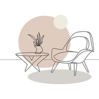 Armchair and table with vase with flowers Line drawing with geometric pastel shapes .Modern interior design Minimal art style vector illustration.Scandinavian stylish furniture in simple Linear style.