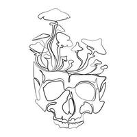 cráneo humano y hongo brotaron dibujo de línea de dibujo ilustración vectorial. arte abstracto del cráneo, imagen dibujada a mano. diseño creativo para emblema, impresión, logotipo, signo, idea de tatuaje. diseño de arte mínimo vector