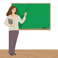 Female teacher lecturer with blank chalk board in wooden frame and pointer simple flat illustration.Female teacher with book showing on board,cute character.Vector cartoon character illustration vector