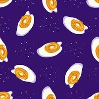 Fried scrambled eggs in space. Fried eggs as the beginning of the universe. Seamless pattern. Vector illustration