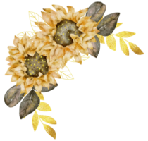 aquarela de buquê de girassol com folha de ouro