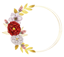acuarela de corona de flores rosadas y rojas con marco dorado png