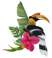 composizione tropicale con pittura a mano dell'acquerello dell'uccello