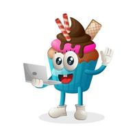 Cute cupcake mascot working using a laptop vector