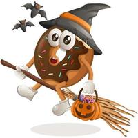 Cute donut mascot witch with holding halloween pumpkin vector