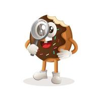 Cute donut mascot conducting research, holding a magnifying glass vector