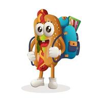 Cute hotdog mascot carrying a schoolbag, backpack, back to school vector