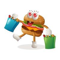 lindo diseño de mascota de hamburguesa compras felices vector