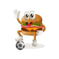 lindo diseño de mascota de hamburguesa jugar al fútbol, balón de fútbol vector