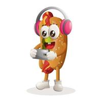 Cute hotdog mascot playing game mobile, wearing headphones vector