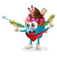 Cute cupcake mascot playing with water gun toy