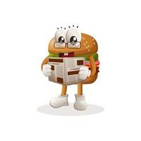 lindo diseño de mascota de hamburguesa leer periódicos vector