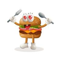 lindo diseño de mascota de hamburguesa con cuchara y tenedor vector