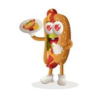 Cute hotdog mascot serving hotdog, waiters vector