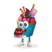 linda mascota de magdalenas con un sombrero de cumpleaños, sosteniendo un pastel de cumpleaños vector