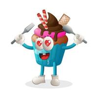 Cute cupcake mascot holding spoon and fork vector