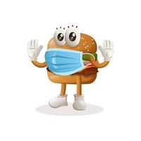 lindo diseño de mascota de hamburguesa con máscara médica, protección contra covid-19 vector