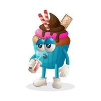 Cute cupcake mascot drinking soda, cola vector