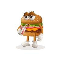 Cute burger mascot design drinking soda, cola vector