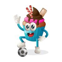 lindo cupcake mascota jugar al fútbol, balón de fútbol vector