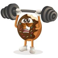 Cute donut mascot bodybuilding with barbell vector