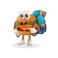 lindo diseño de mascota de hamburguesa que lleva una mochila escolar, mochila, regreso a la escuela vector