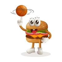 lindo diseño de mascota de hamburguesa jugando baloncesto, estilo libre con pelota vector