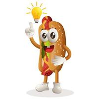 Cute hotdog mascot got an idea, bulb idea, inspiration vector