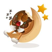 Cute donut mascot sleeping, sleeping on the moon vector