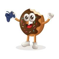 Cute donut mascot playing videogame with holding joystick vector