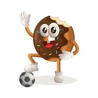 Cute donut mascot play football, soccer ball vector