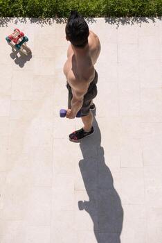 man doing morning exercises photo