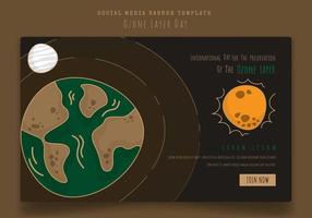 Banner template in brown background with earth, moon and sun in cartoon design for ozone layer day vector