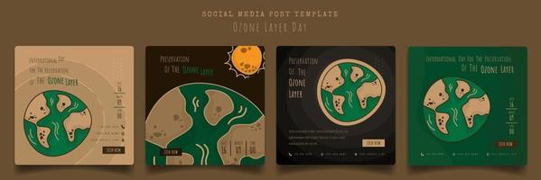 Social media template with earth in cartoon design in brown and green background for ozone layer day vector