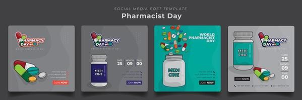publicación en medios sociales con diseño de medicamentos en fondo gris y verde para el diseño de campañas farmacéuticas vector