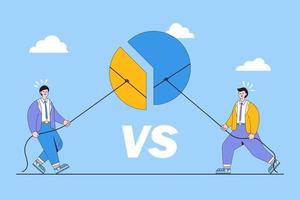 Market share percentage, fighting for economic financial profit, business opportunity, competitive rivalry, battle to gain sale concepts. Two businessman to pulling parts of pie chart to own side vector