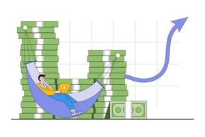 Success investment growing more profit, easy earning, crypto trading, financial goals achievement, dream being rich concept. Businessman relax using hammock on stack of money with arrow upward