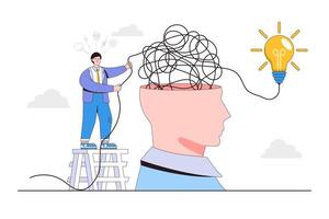 Solving complexity problem, overcome difficulty, searching business solutions, intellectual clutter concepts. Frustrated businessman trying to solve tangled rope in head and finding lightbulb idea vector