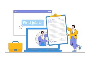 solicitar trabajo o puesto de trabajo en línea, vacante de empleo, oportunidad de carrera, cv en internet, contratación, conceptos de contratación ahora. hombre de negocios fuera de la computadora portátil y dando currículum al empleador vector