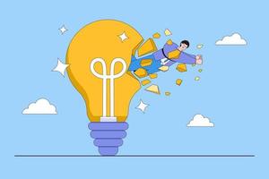 Way to improve creativity of thinking, innovation idea booster, develop imagination to help success, growth mindset, critical thinking concepts. Smart businessman breaking through brightly lightbulb vector