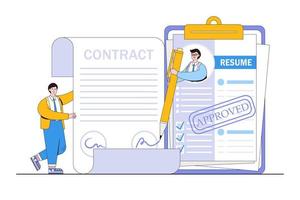 Successful candidate getting job with best resume, human resources management, found right profile of applicant concepts. Businessman out from CV papers and signing contract agreement with employer vector