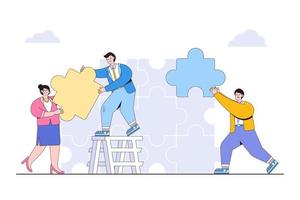 Business teamwork or collaboration, project management, search for creativity of solutions, group of people working together, brainstorming concepts. Businesspeople connecting pieces of jigsaw puzzle vector