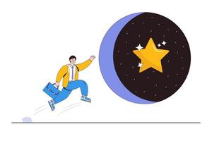 Ambition, motivation to achieve goal, improvement skill to help life better, initiative begin journey, career development concepts. Businessman leader jump to space hole and get precious golden star vector