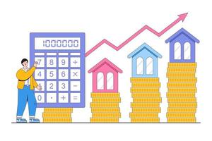 Money investment to property or real estate, buy or rent house, business and innovative work concepts. Businessman calculate mortgage rate with growth chart arrow and mini home on stack of coin vector