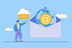 Email communications, online marketing and advertising, business promotion, share mail, send or receive message or information concept. Businessman talk to globe envelope with e-mail signs and laptop