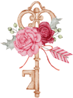 Key and flower vintage watercolor, Valentine watercolor png