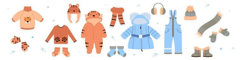 gran conjunto de ropa de abrigo para niños de otoño e invierno, accesorios. ropa infantil y complementos para el frío. ilustración vectorial plana. vector