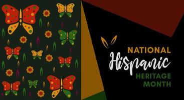 Hispanic heritage month. Abstract floral ornament background design, retro style with text, butterfly, flower vector